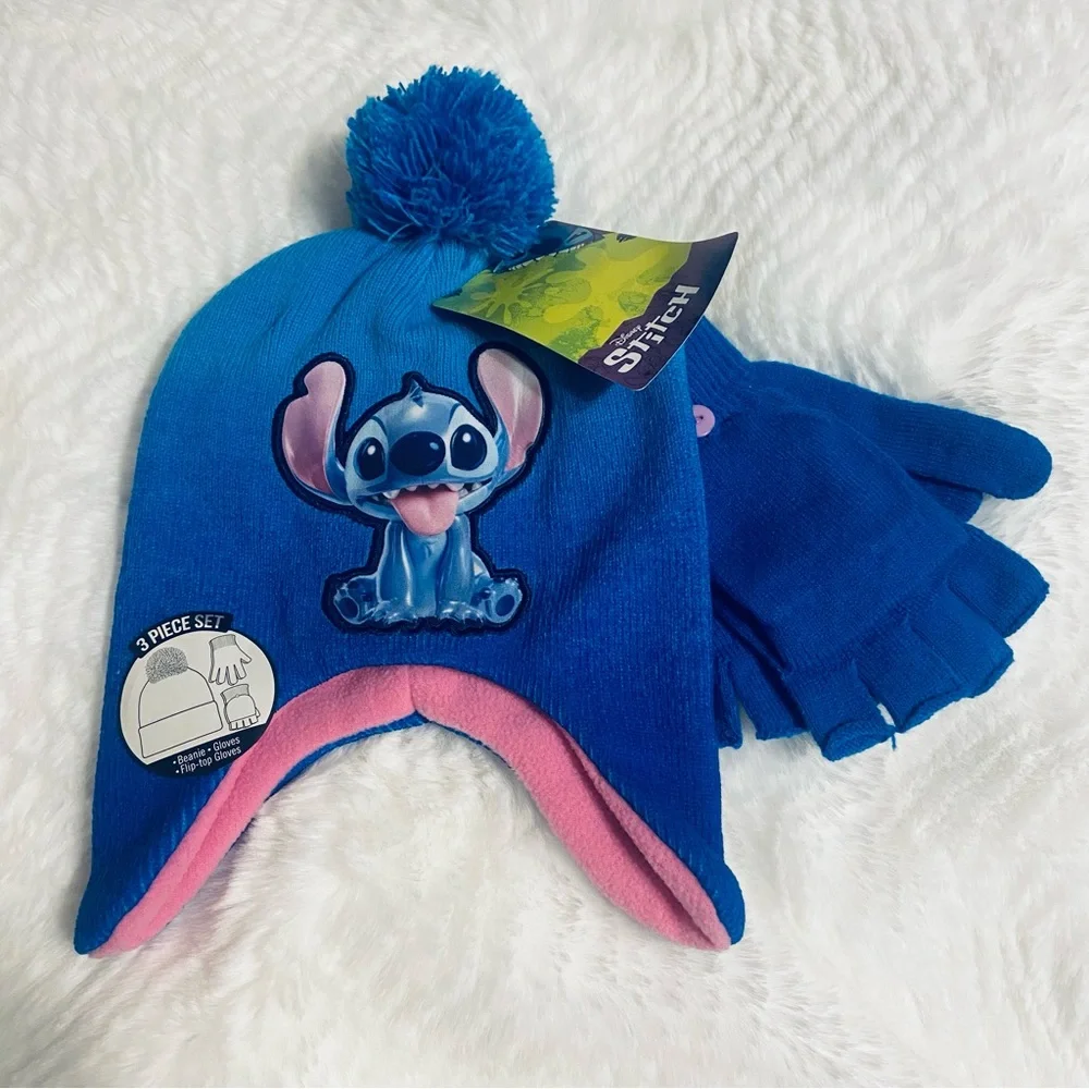 Disney Stitch Blue and Pink Kids Winter Hat and Gloves